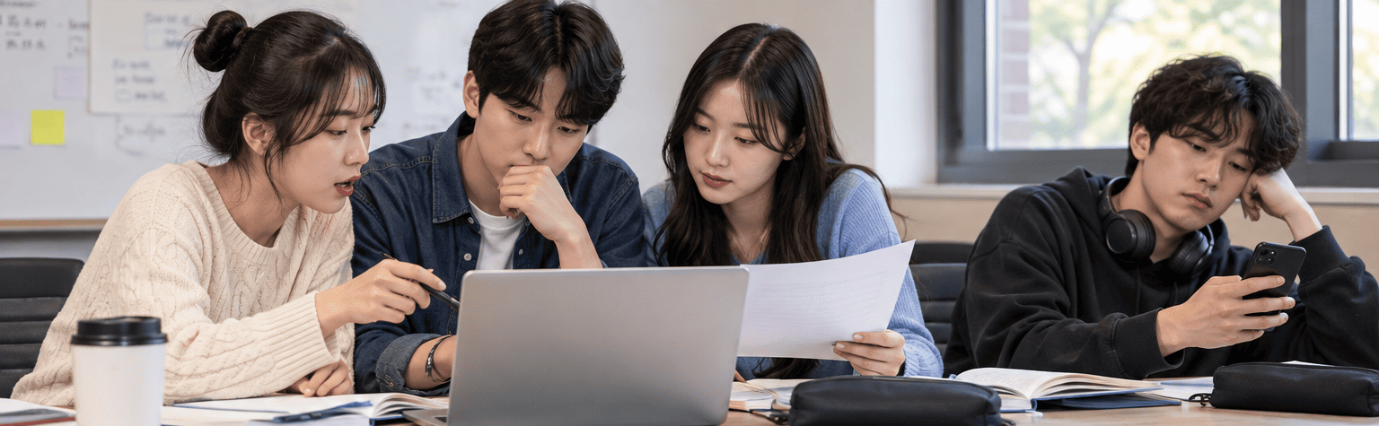 조별과제 중 한 학생이 참여하지 않고 휴대폰을 보는 모습