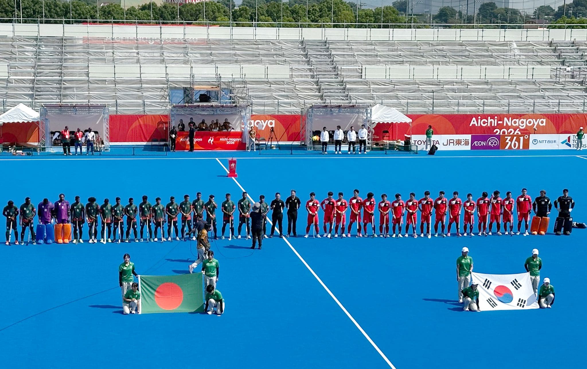 18일 일본 기후현 가카미가하라(各務ヶ原駅) 그린스타디움에서 열린 한국-방글라데시 경기 시작 전 모습