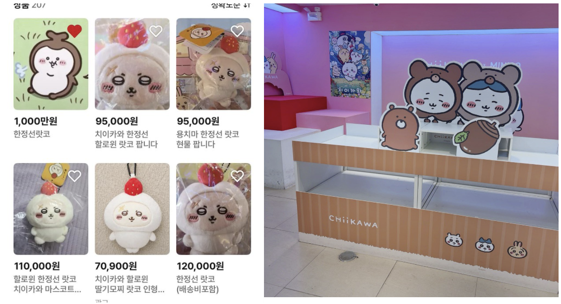 중고거래 플랫폼에 등록된 치이카와 캐릭터 '랏코'의 한정판 인형 / 텅텅 빈 홍대 미니소의 치이카와 매대 <직접 촬영>